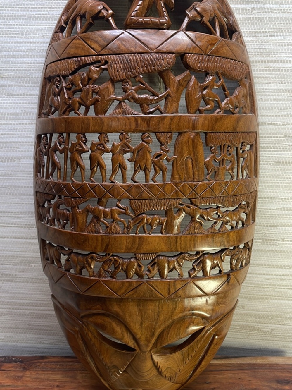 Hand-Carved Brown Wooden Tribal Wall Mask - Unbranded